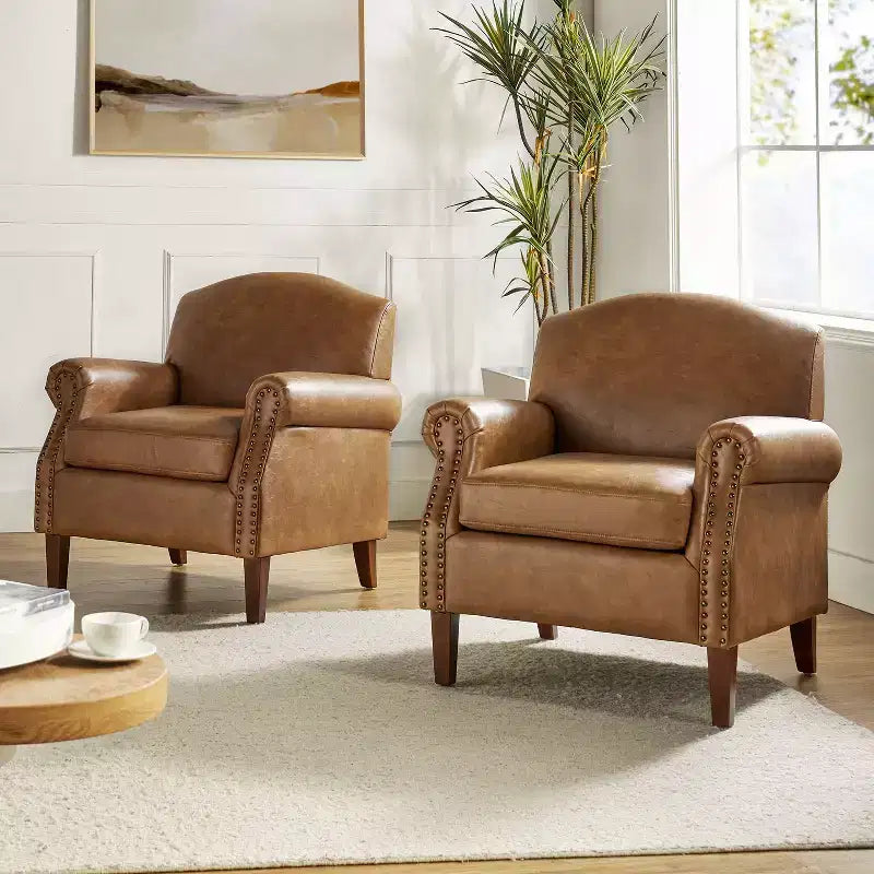 Set of 2 Transitional Vegan Leather Armchair with Nailhead Trim