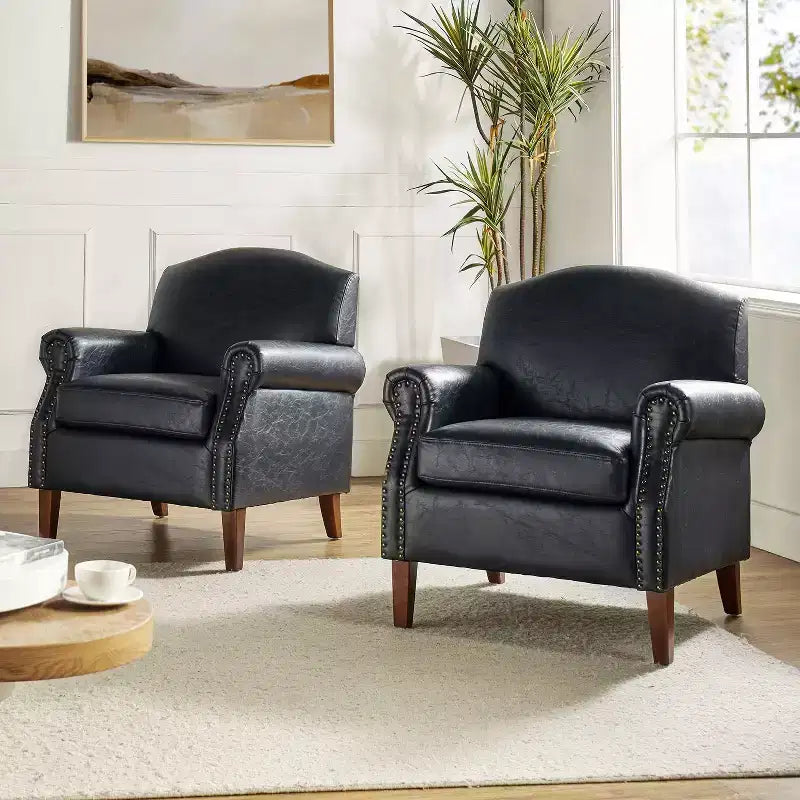 Set of 2 Transitional Vegan Leather Armchair with Nailhead Trim