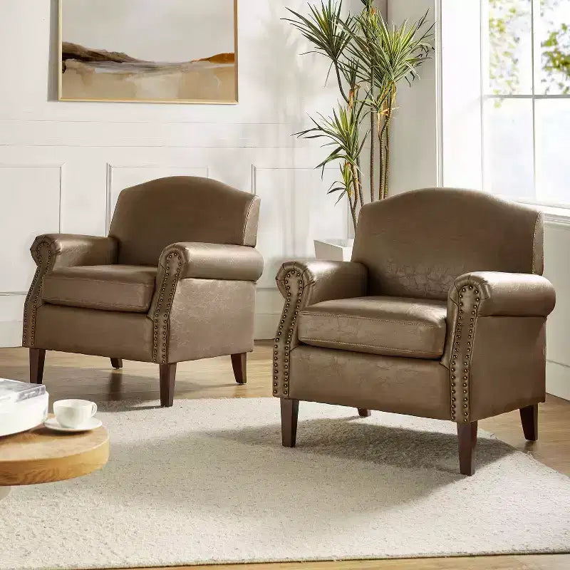 Set of 2 Transitional Vegan Leather Armchair with Nailhead Trim