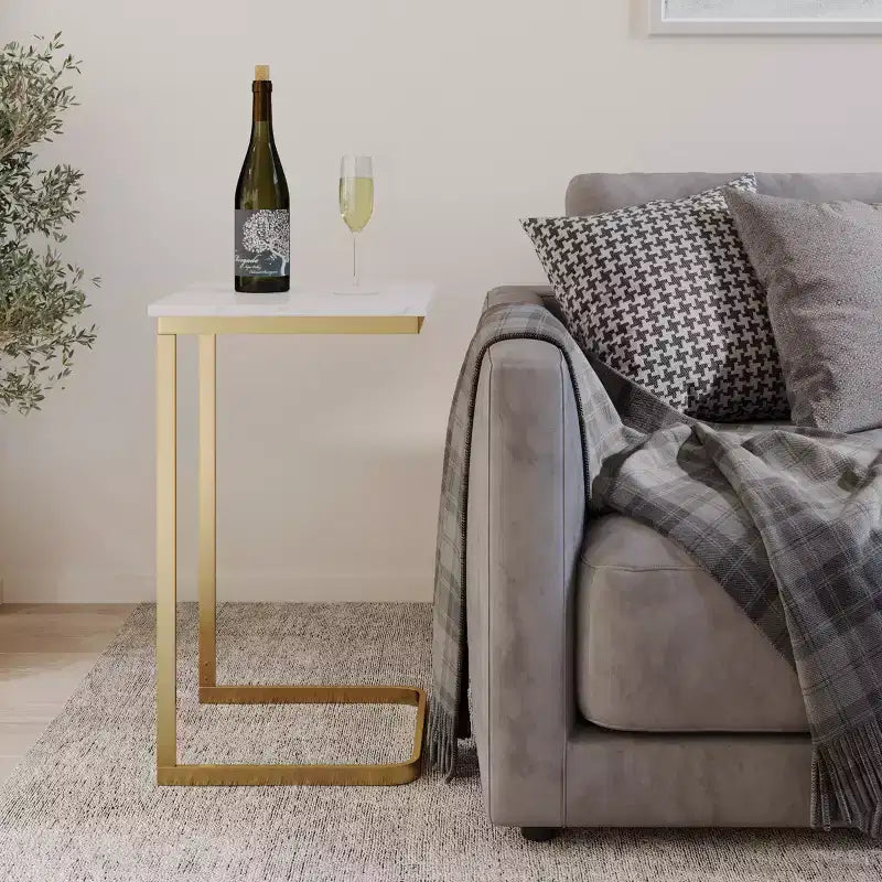 C-Shaped End Table Real Marble Top with Gold Iron Frame
