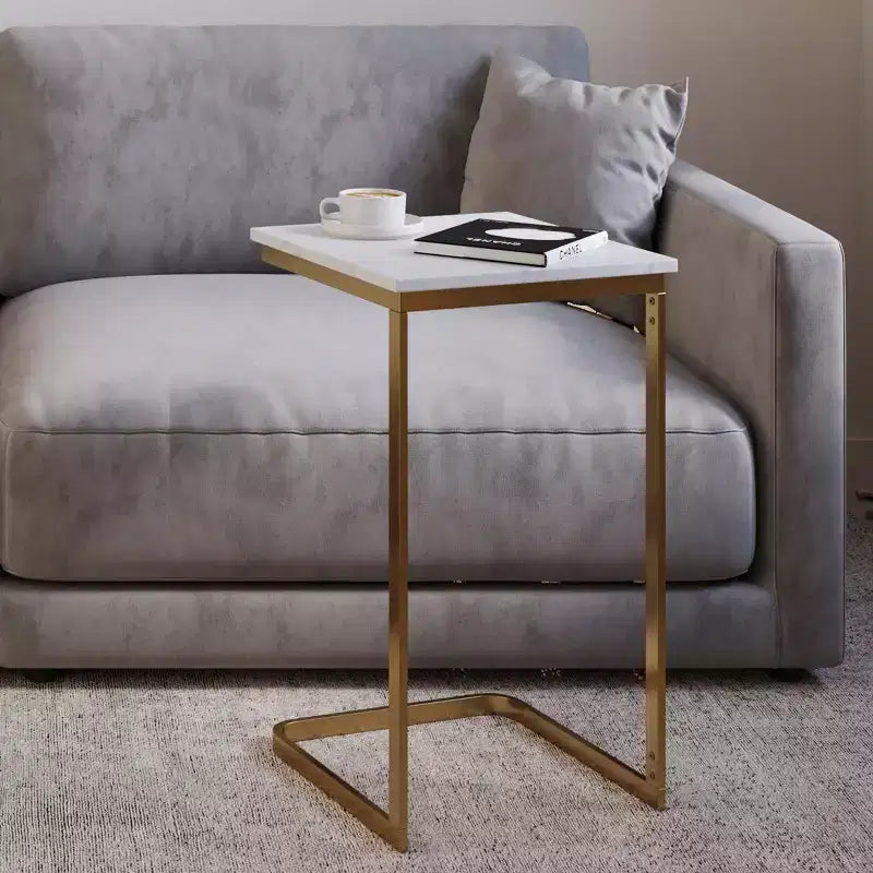C-Shaped End Table Real Marble Top with Gold Iron Frame