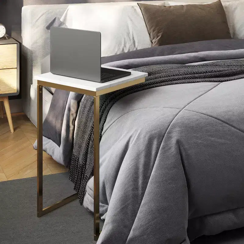 C-Shaped End Table Real Marble Top with Gold Iron Frame