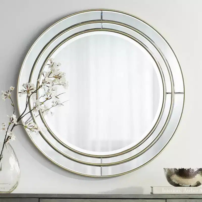 31 3/4" Round Vanity Decorative Wall Mirror Beveled Glass Matte Champagne Frame