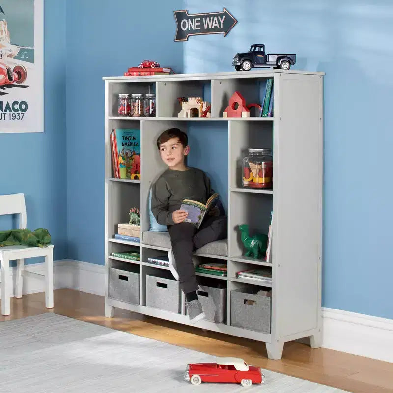 Kids' Storage Shelf Wooden Bookshelf and Toy Organizer with Reading Bench and Fabric Bins