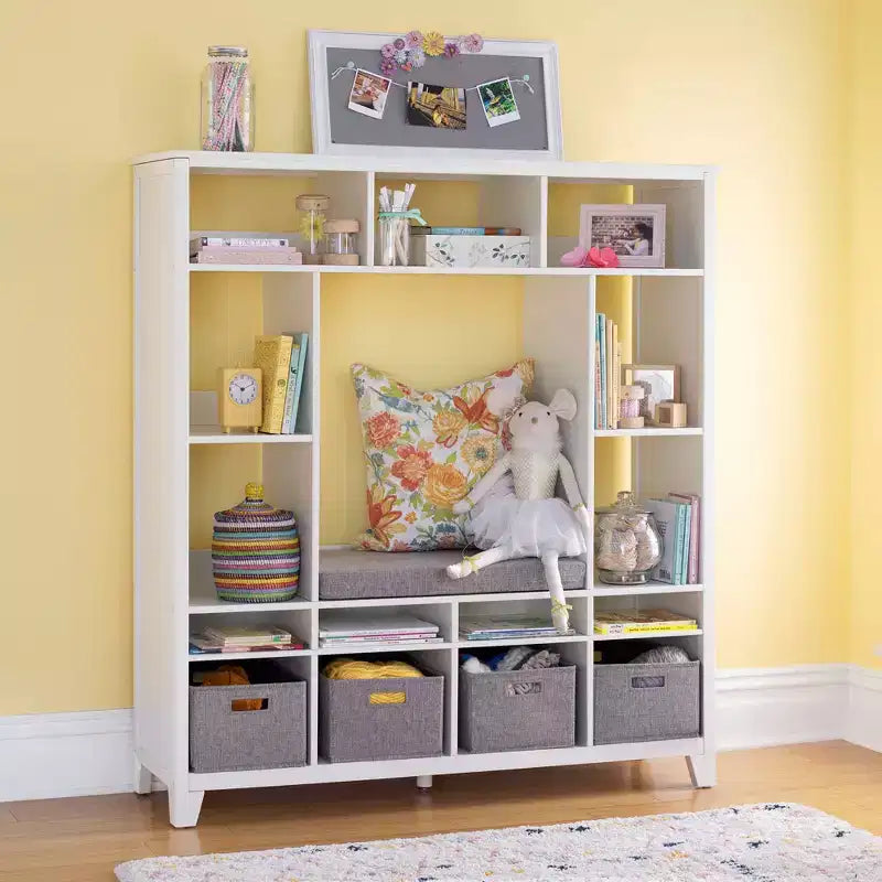 Kids' Storage Shelf Wooden Bookshelf and Toy Organizer with Reading Bench and Fabric Bins