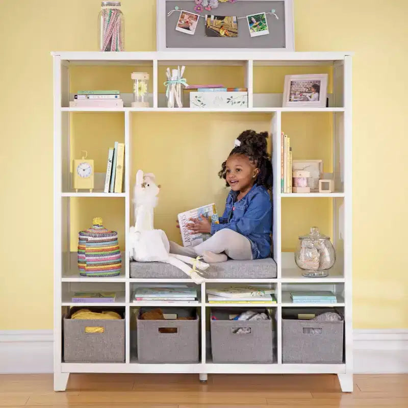 Kids' Storage Shelf Wooden Bookshelf and Toy Organizer with Reading Bench and Fabric Bins