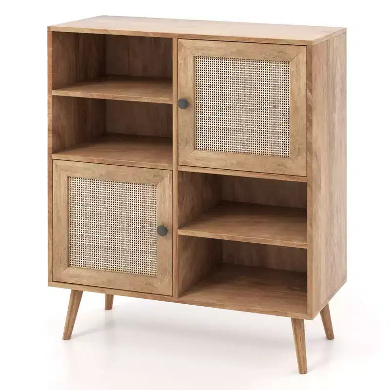 Rattan Buffet Sideboard Accent Storage Cabinet with Doors and Cubbies