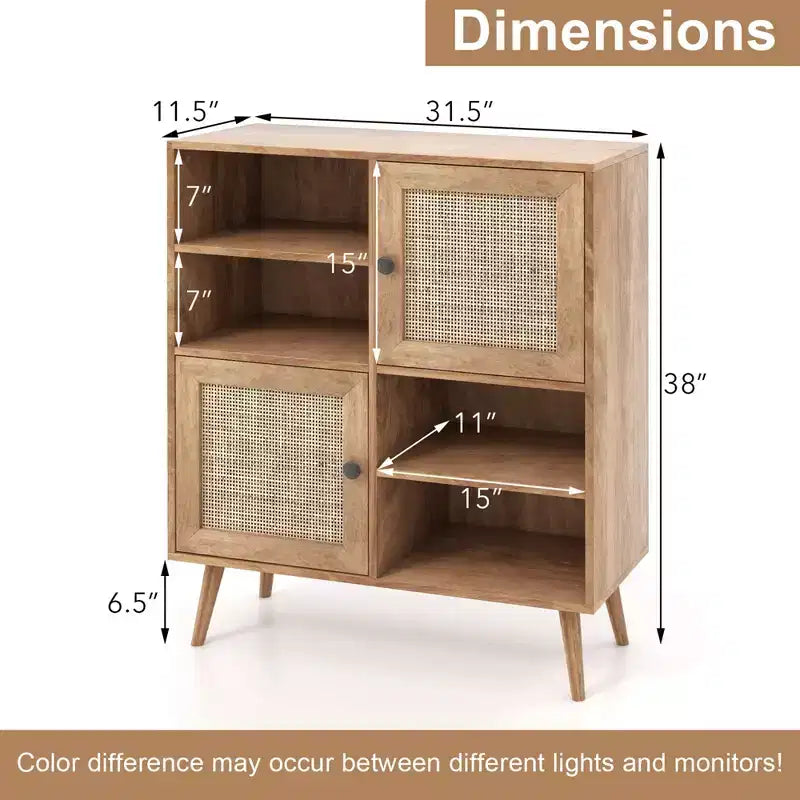 Rattan Buffet Sideboard Accent Storage Cabinet with Doors and Cubbies