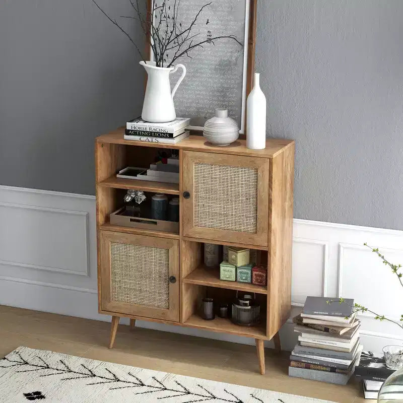 Rattan Buffet Sideboard Accent Storage Cabinet with Doors and Cubbies