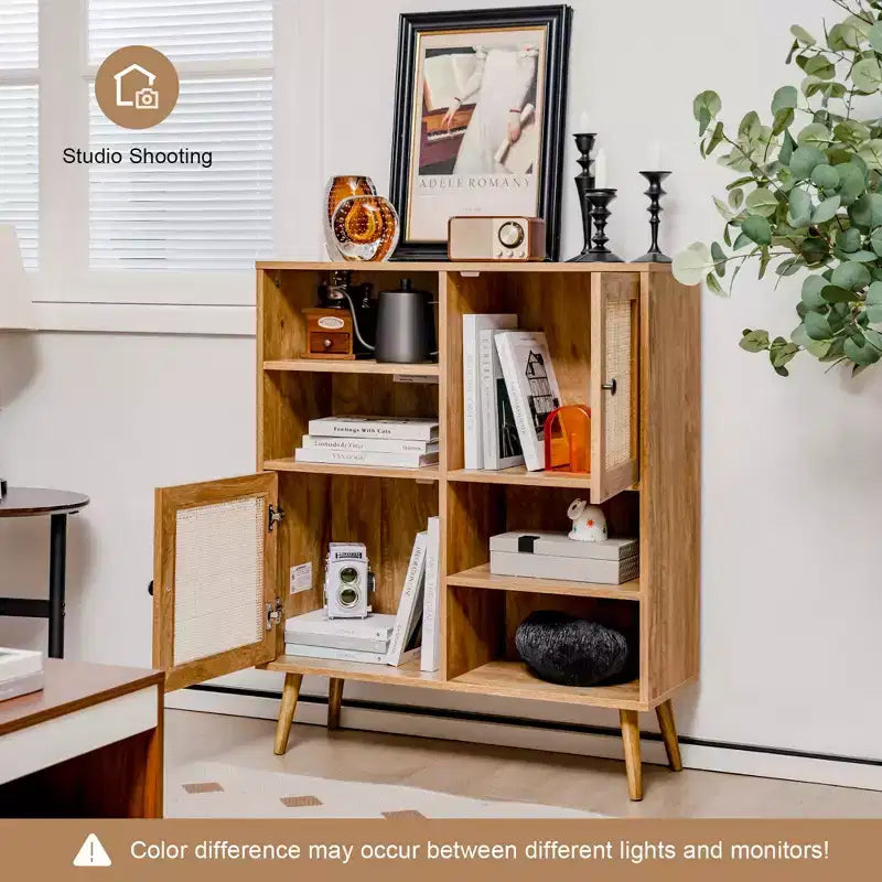 Rattan Buffet Sideboard Accent Storage Cabinet with Doors and Cubbies