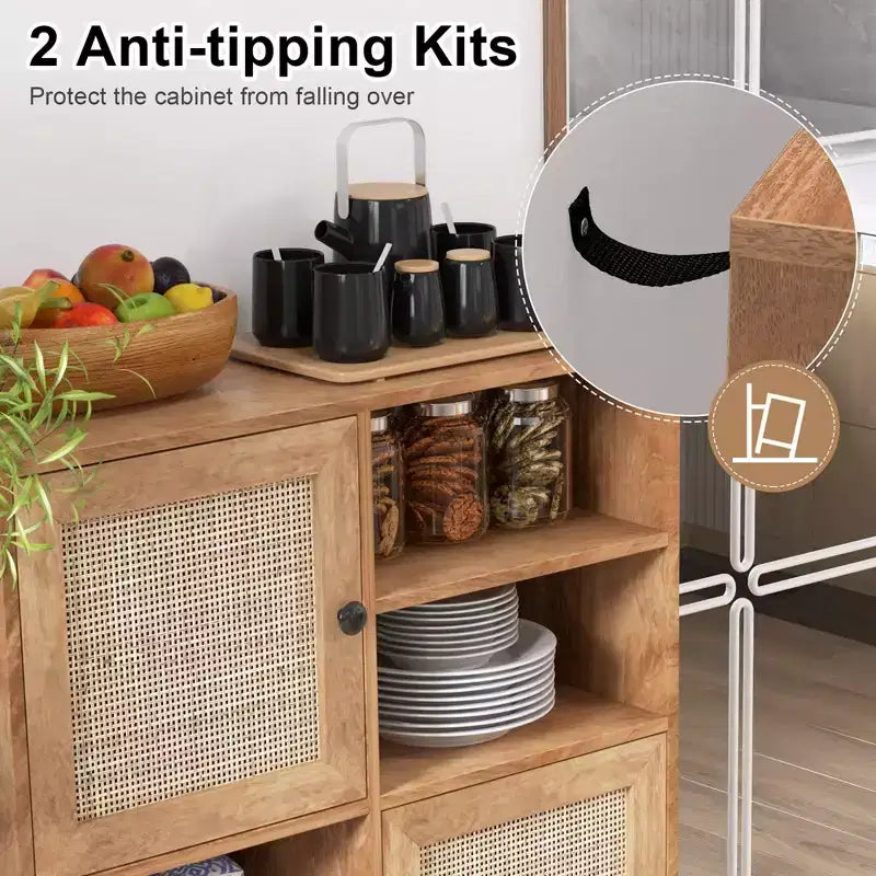 Rattan Buffet Sideboard Accent Storage Cabinet with Doors and Cubbies